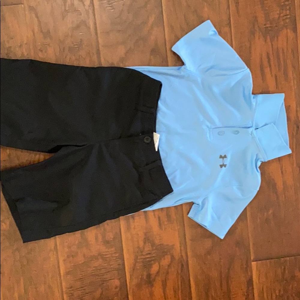 Little boy golf set. Golf shirt with golf shorts.